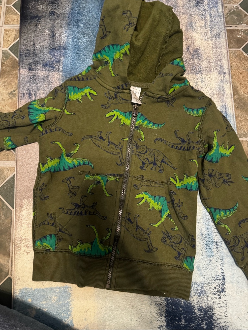 Carter's Olive Green Dinosaur Zip Hoodie with Bright Green Teal Accents